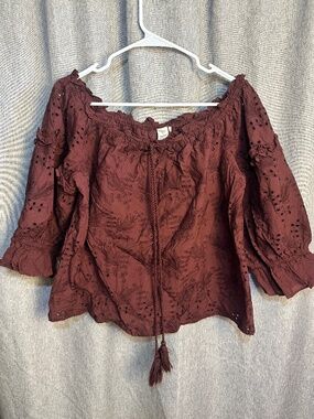 Seen Worn Kept Anthropologie Brown Floral Eyelet Off-Shoulder Blouse Size 12